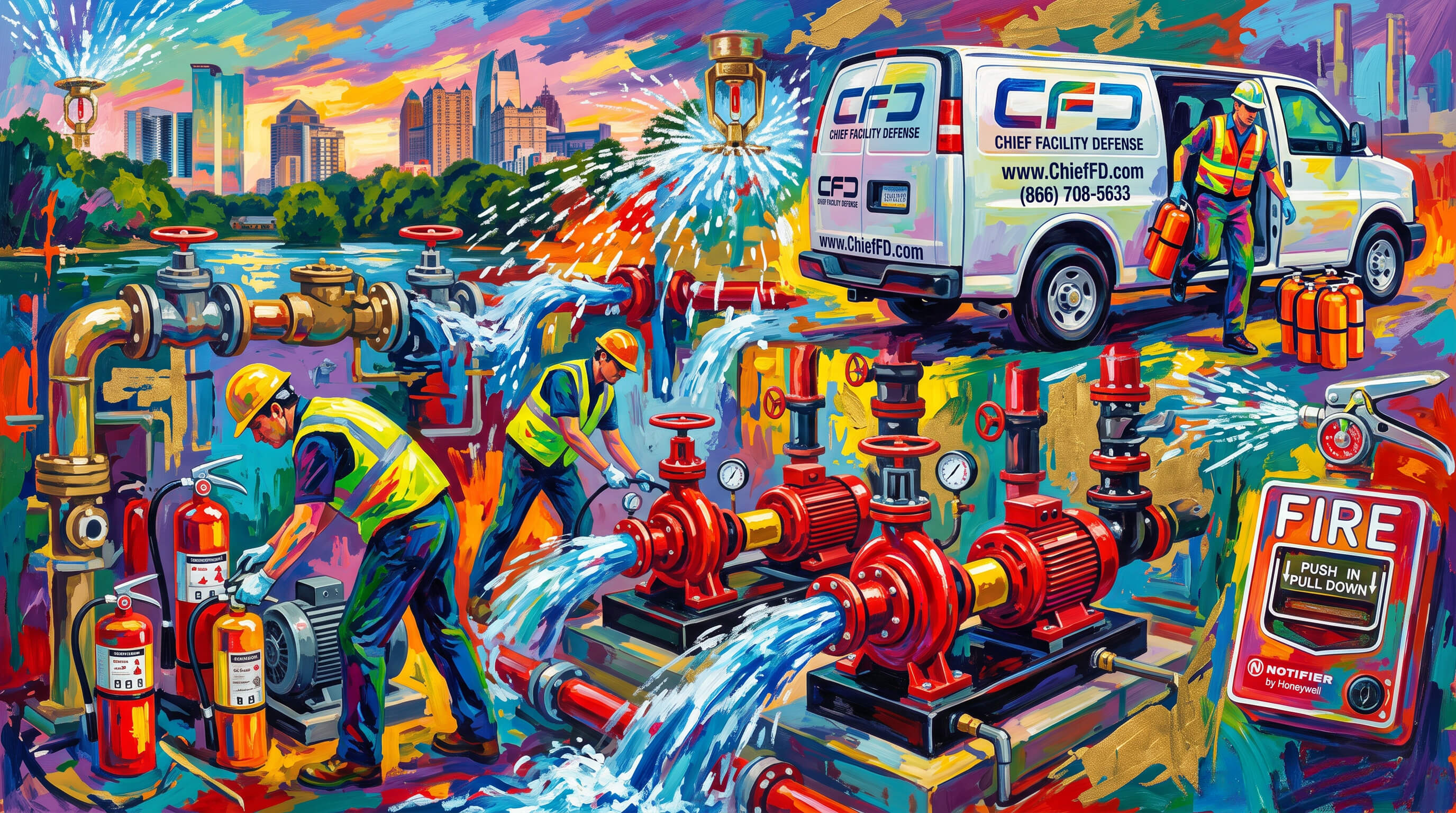 Chief Facility Defense fire and life safety technicians servicing fire pumps and equipment